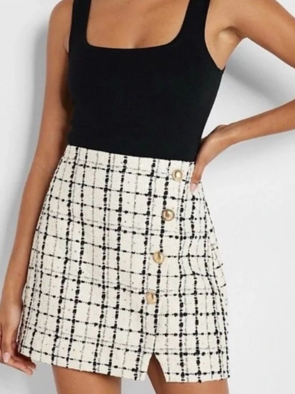 Express Super High Waisted Women's Button Front Tweed Mini Skirt Size 14, NWT